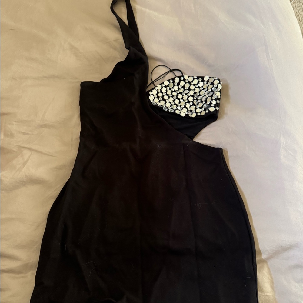 NBD Black One-Shoulder Dress with Embellished Detail
